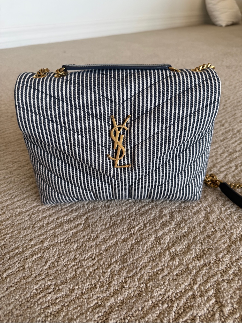 Saint Laurent Navy and White Striped Denim Small Loulou Shoulder Bag